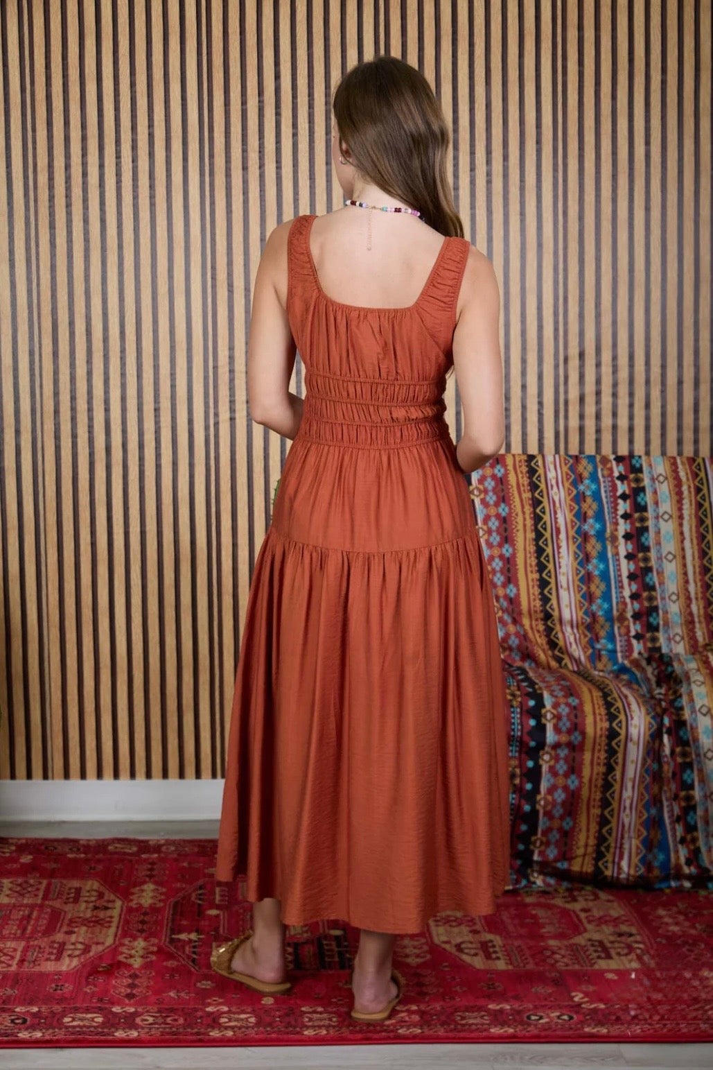B6SD1099 Satin Front Tie Shirred Waist MIDI Dress