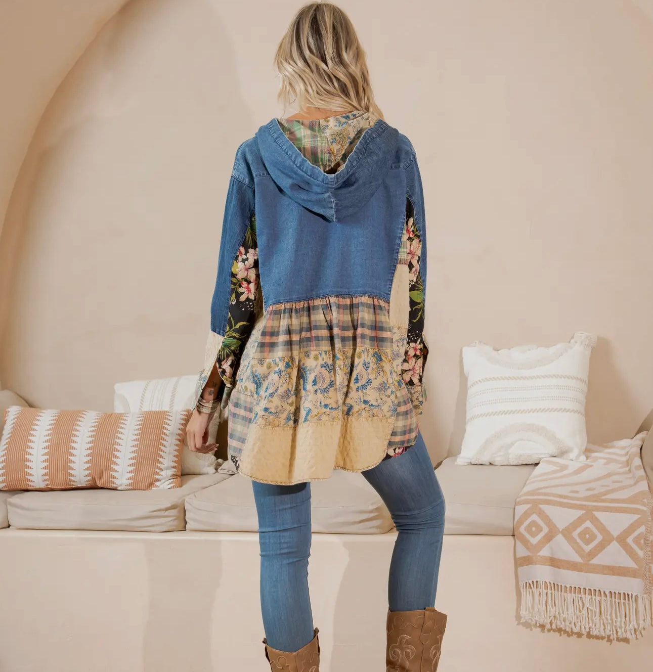 Western Boho Chic: Hooded High Low Patchwork Top