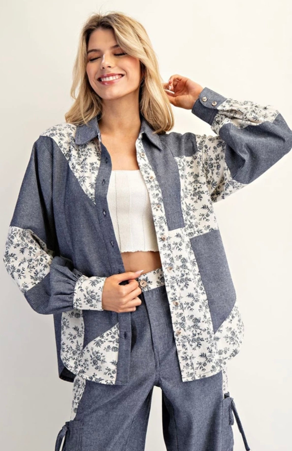 TY13137 Color Block Button Down Denim Shirt