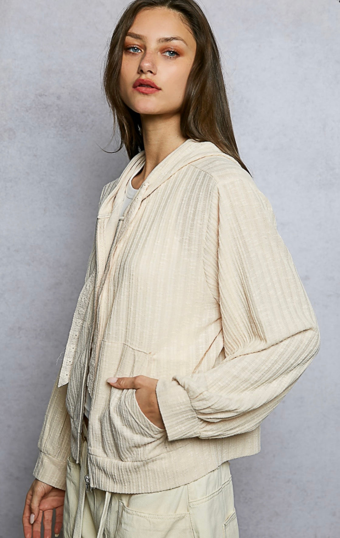 YKT1735A Almond Hooded Zip Up Jacket