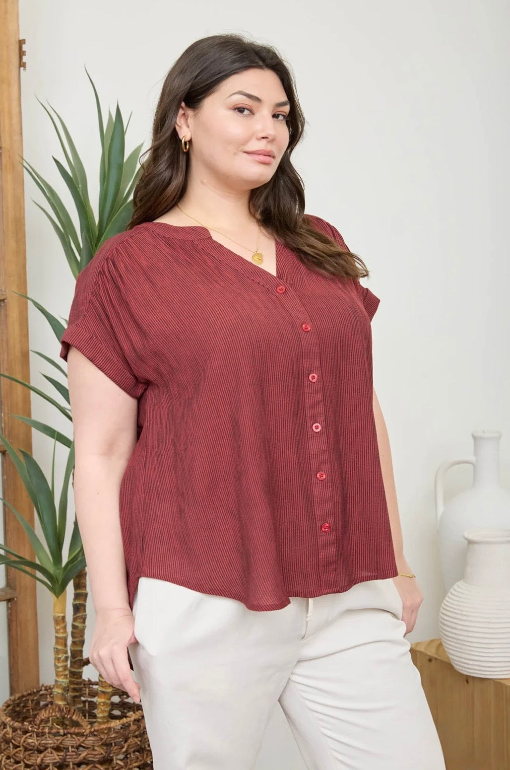 PCR2383 PLUS PINSTRIPE SHORT CUFF SLEEVE BUTTON DOWN SHIRT