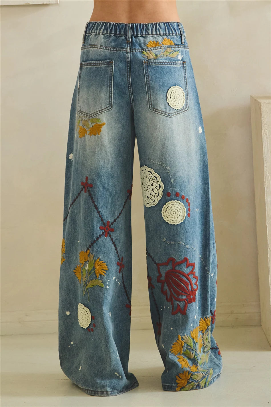 BP1190 Washed Embroidery Wide Leg Denim Jeans