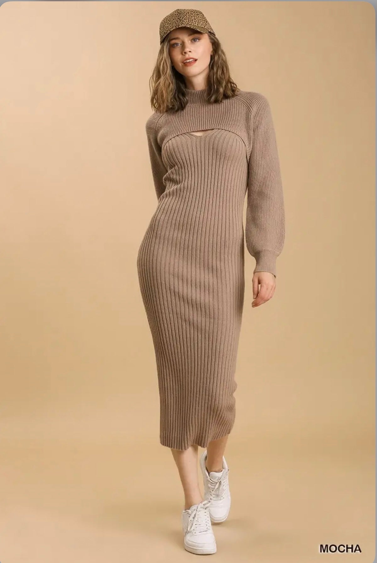 A0343 Knit V-Neck Maxi Dress with Cropped Pullover Sweater