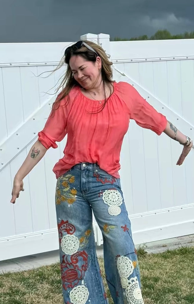 N2R02 Silk Overlay 3/4 Sleeve Top