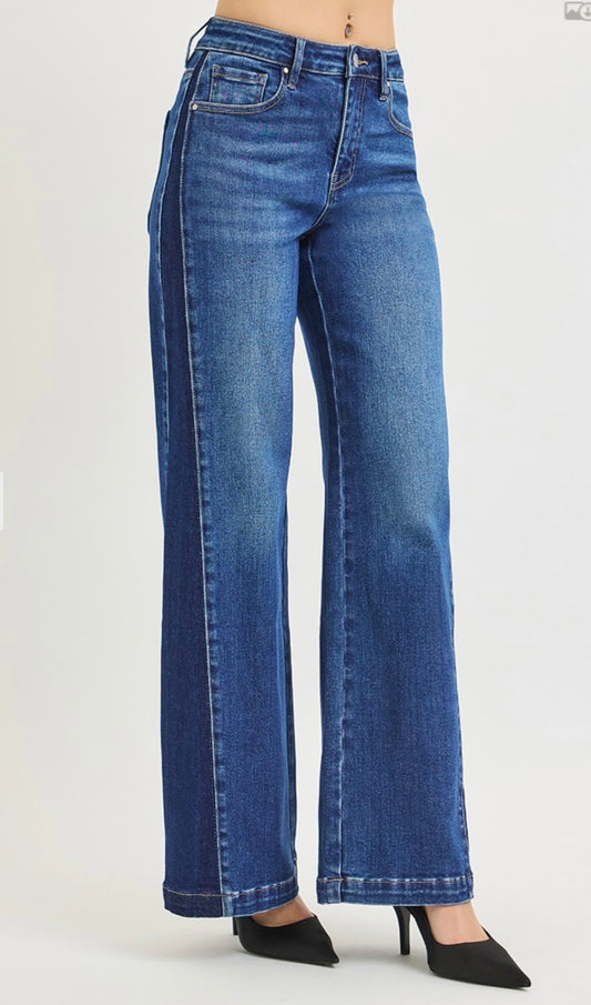Risen Jeans-High Rise Wide Leg Contrast Side Panel Jeans
