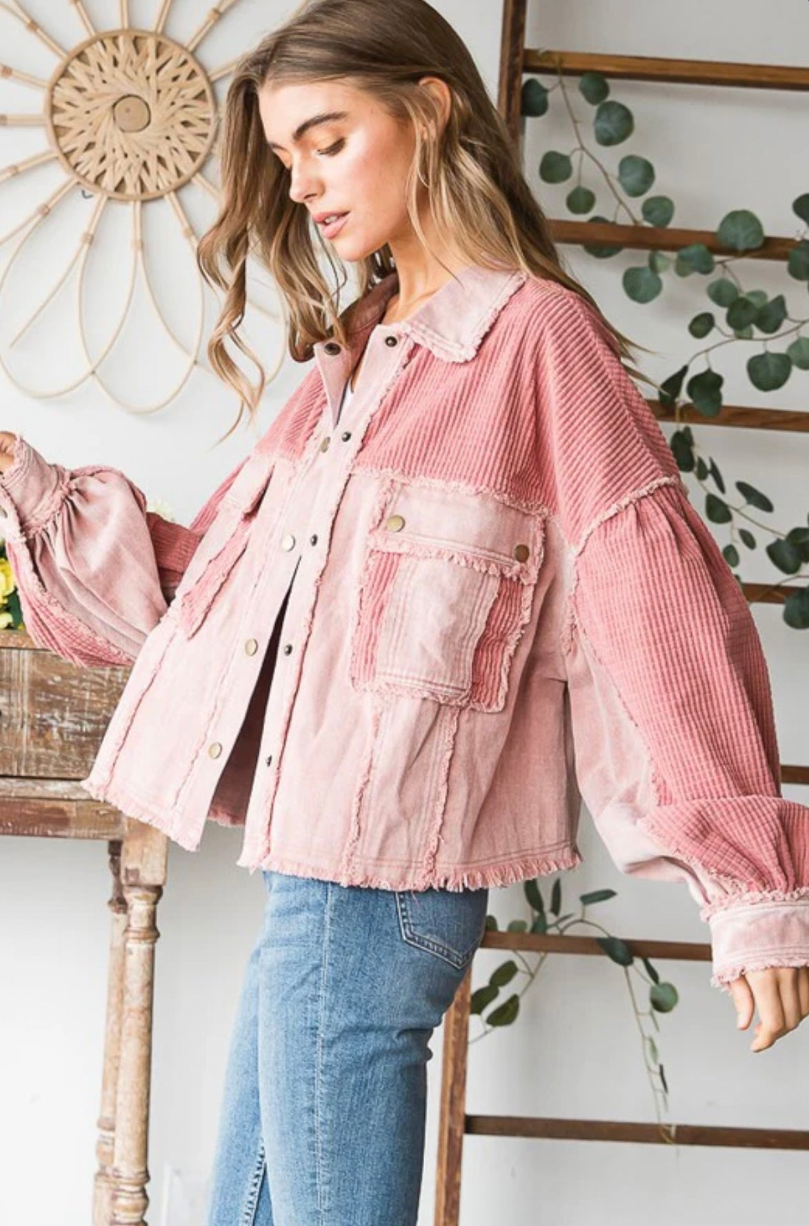 JJ0054 Washed Fabric Mixed Crop Jacket-Blush