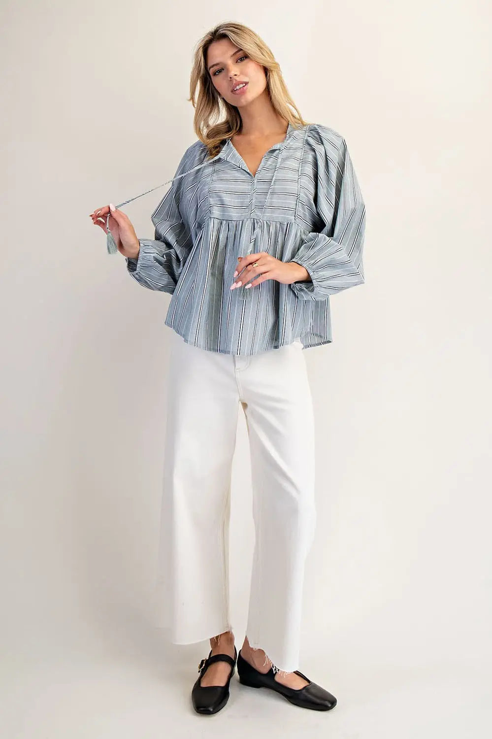 K14577 Striped Tie Front Balloon Sleeve Blouse