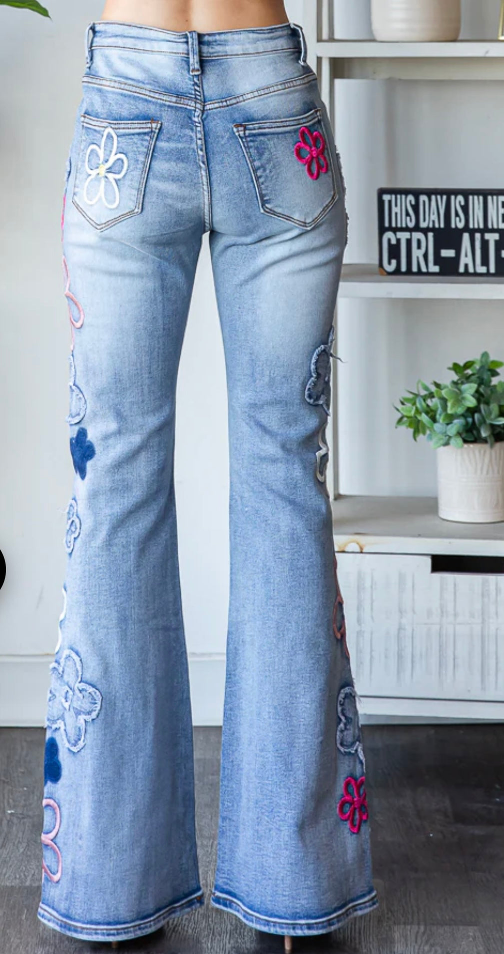 Pre-Order- JP0810 Washed Flowered Embroidery Flare Jeans