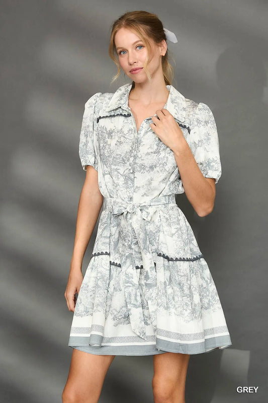 K9826 Abstract Print Button Mini Dress