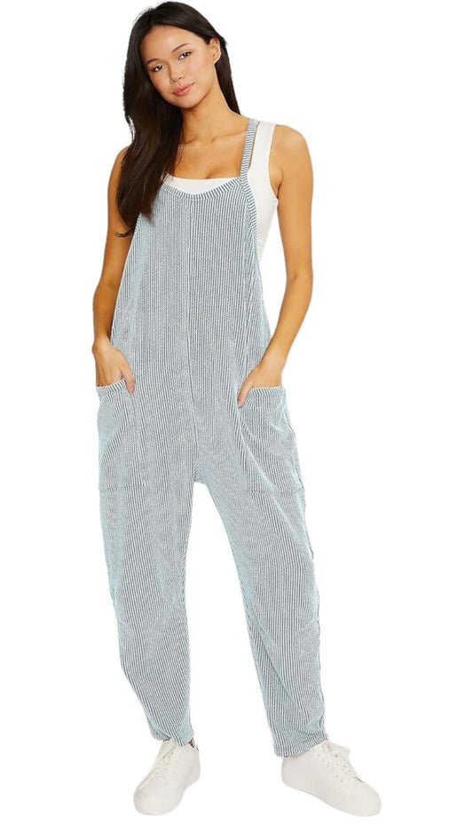 WMJ3264A Wave Ribbed Sleeveless Jumpsuit with Pockets