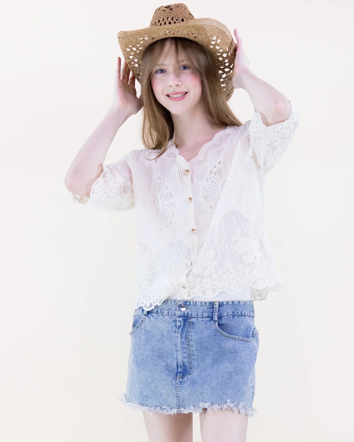 FT85846 Bella Bloom Sheer Lace Blouse-White