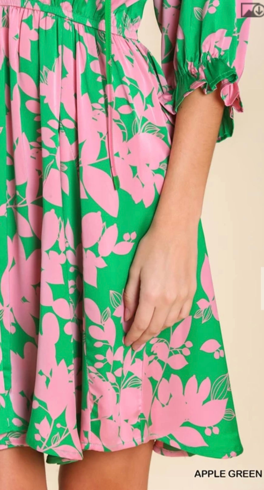 R0157 Graphic Floral Print Split Neck Dress with Neck Tie Detail, Ruffle Trim Neck Line & 3/4 Puff Sleeves