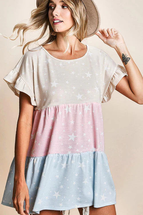BT2373 Star Printed French Terry Color Block Tiered Top