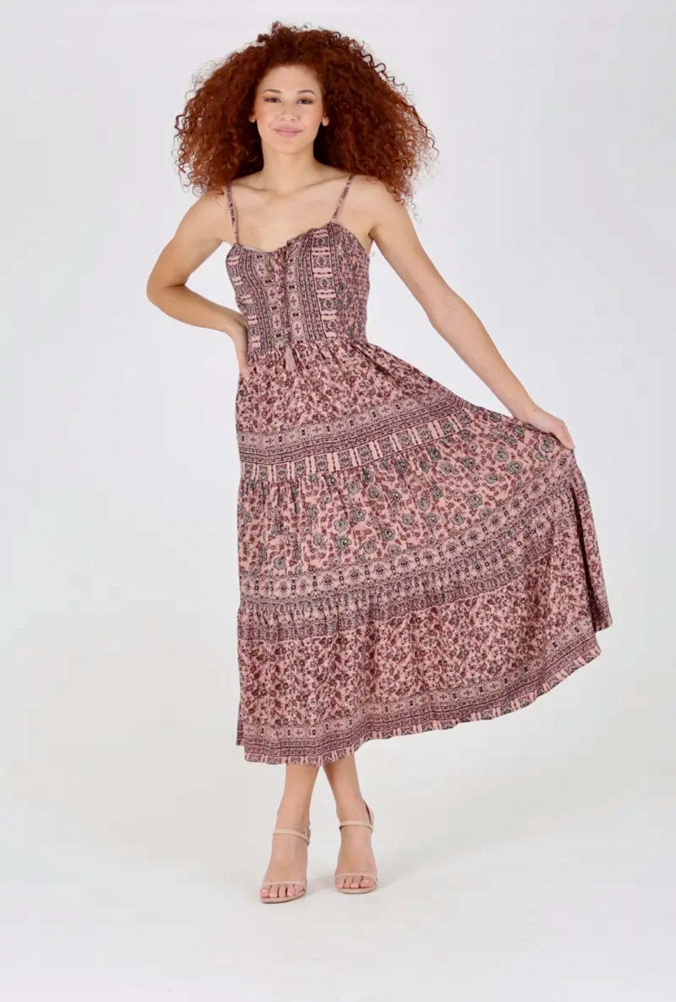F4E88 Overdye Tie Neck Strappy Back Tiered Skirt Maxi Dress