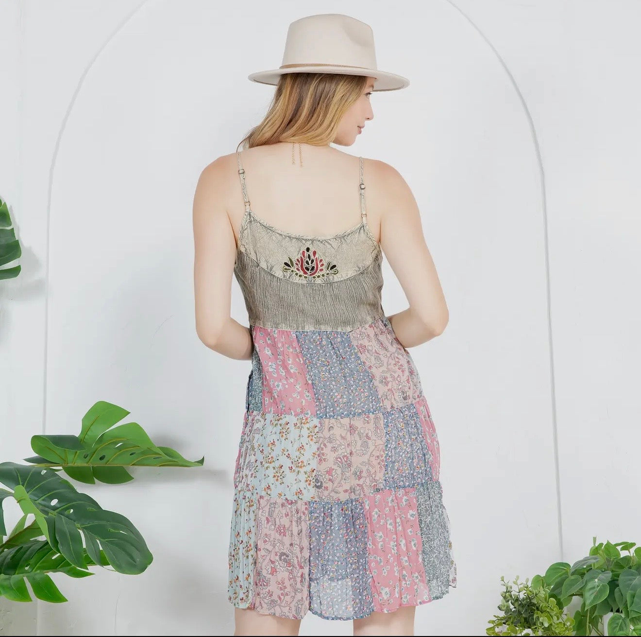 DR22210 Boho Babydoll Denim-Yoke Dress