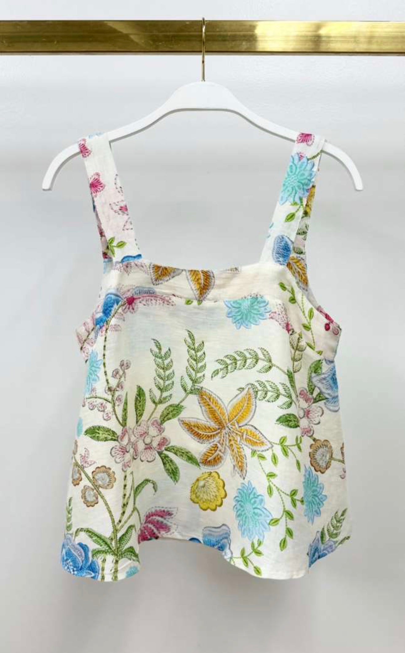 77112L024 Stitch Floral Wide Strap Square Neck Flowy Tank Top