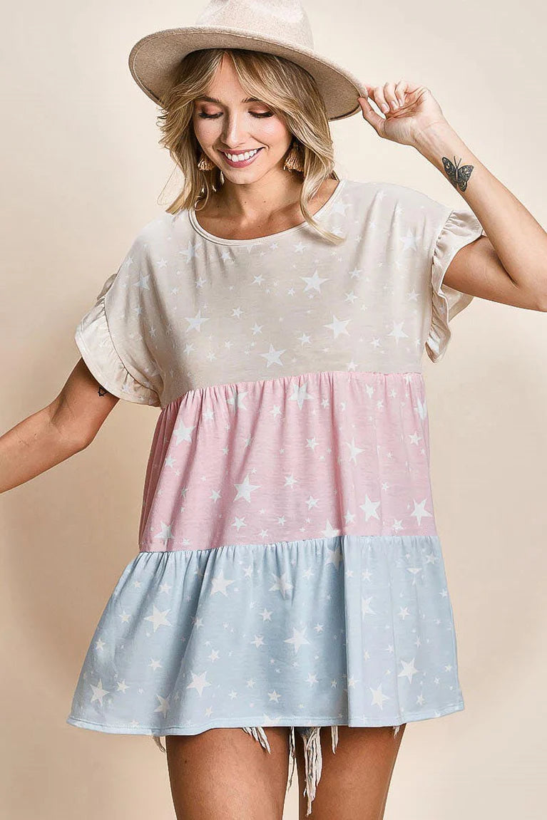BT2373 Star Printed French Terry Color Block Tiered Top