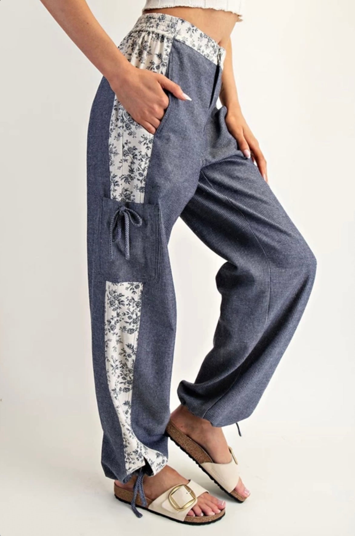 PH15041 Soft Washed Floral Striped Color Block Pants