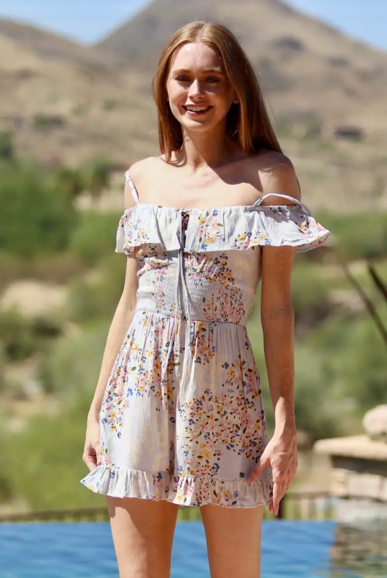 B5B20 Tie Strap Romper with Smocked Waist and Ruffled Hem