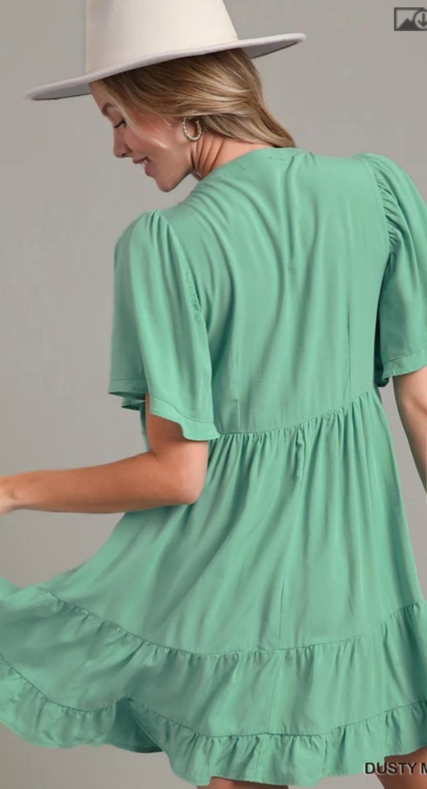 R0274 Short-sleeved Tiered Dress featuring a Deep V-Neck and Smocked Waist.