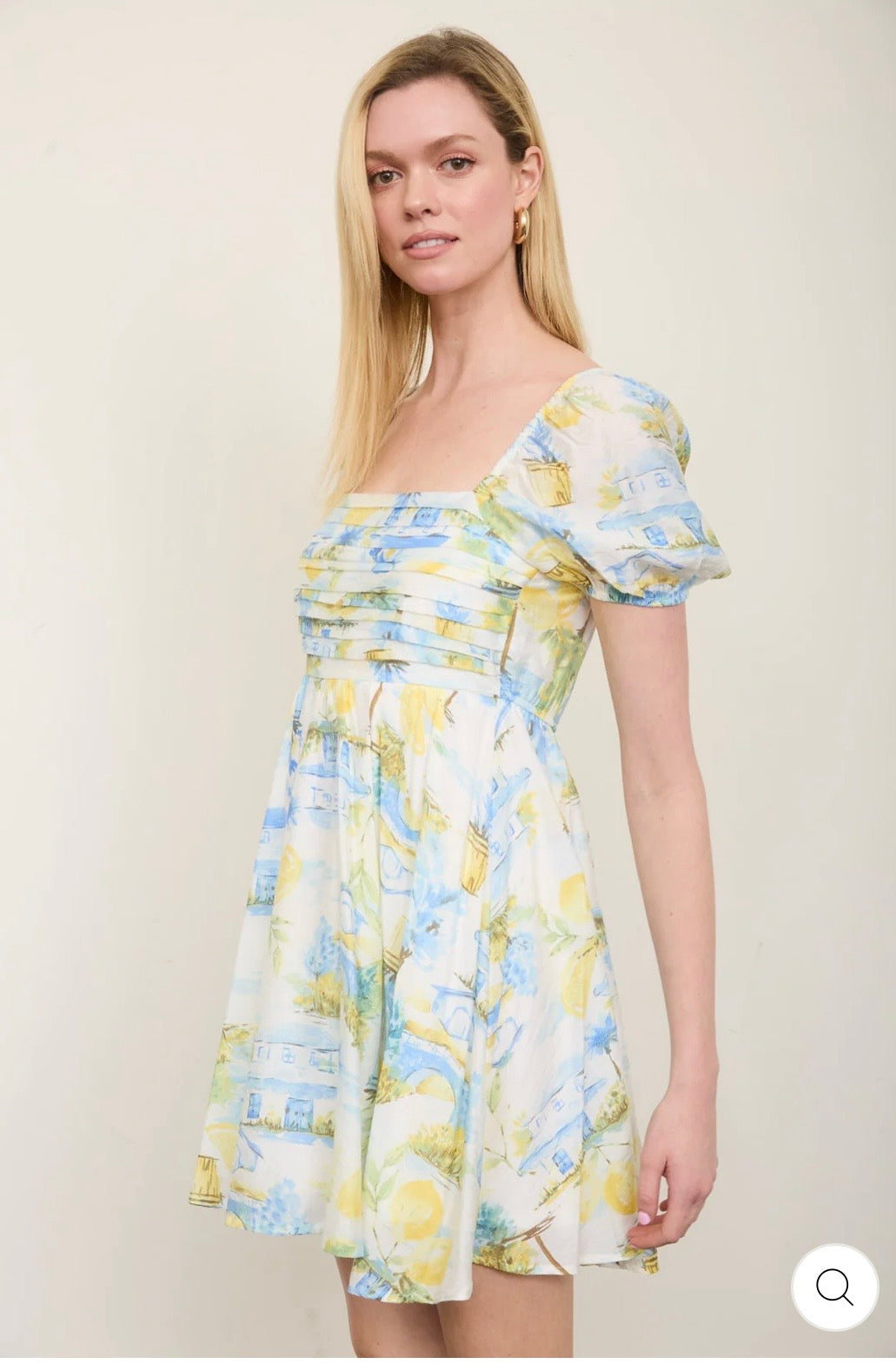 CR2916A Lemon Print Pleated Short Puff Sleeve Mini Dress