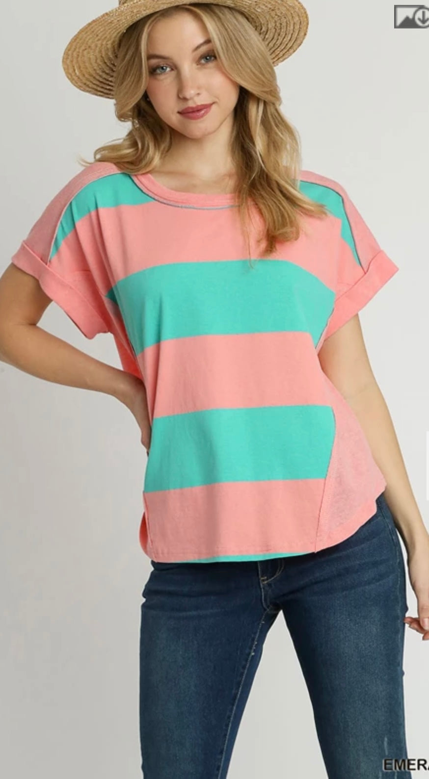 R0957 Stripped Color Block Round Neck Top, Folded Short Sleeves