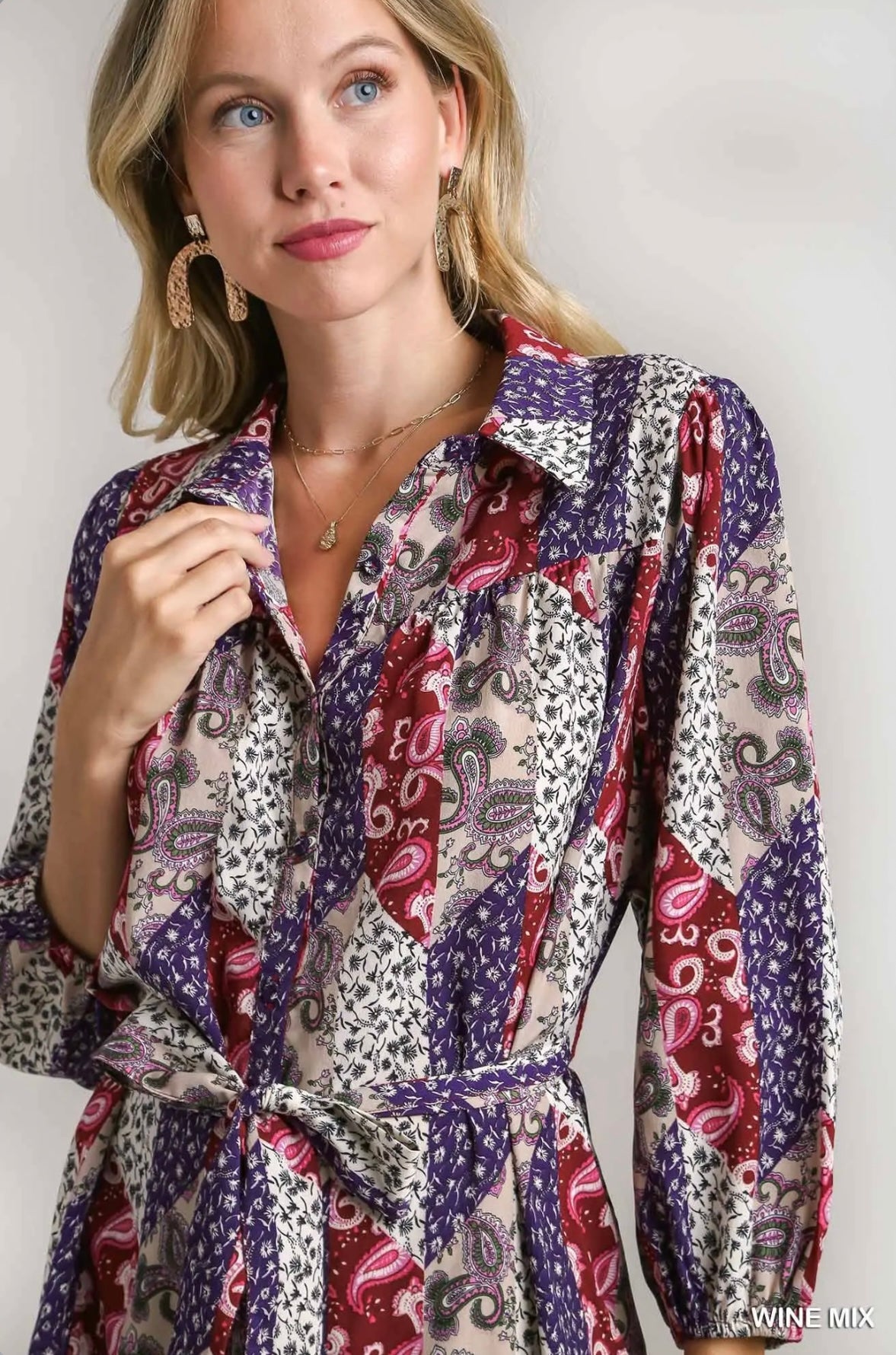 B8330 Mixed Print Collared Button Down Dress