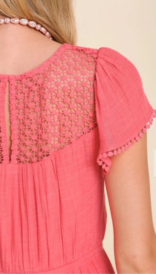 R0075  Sweetheart Short Sleeve Tiered Dress with Cinched Waist, Crochet Detail on Chest