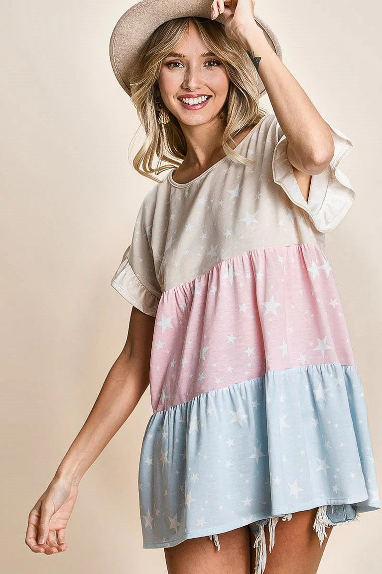 BT2373 Star Printed French Terry Color Block Tiered Top