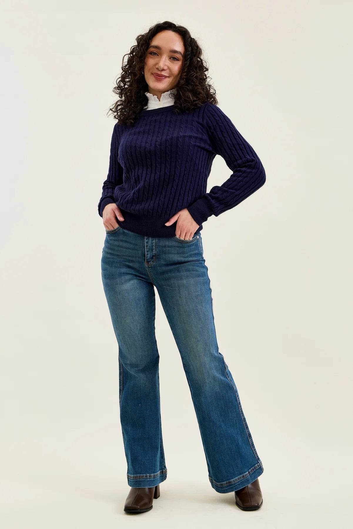 881018PT Petite Flare Tummy Control Double Button High Waist Jean