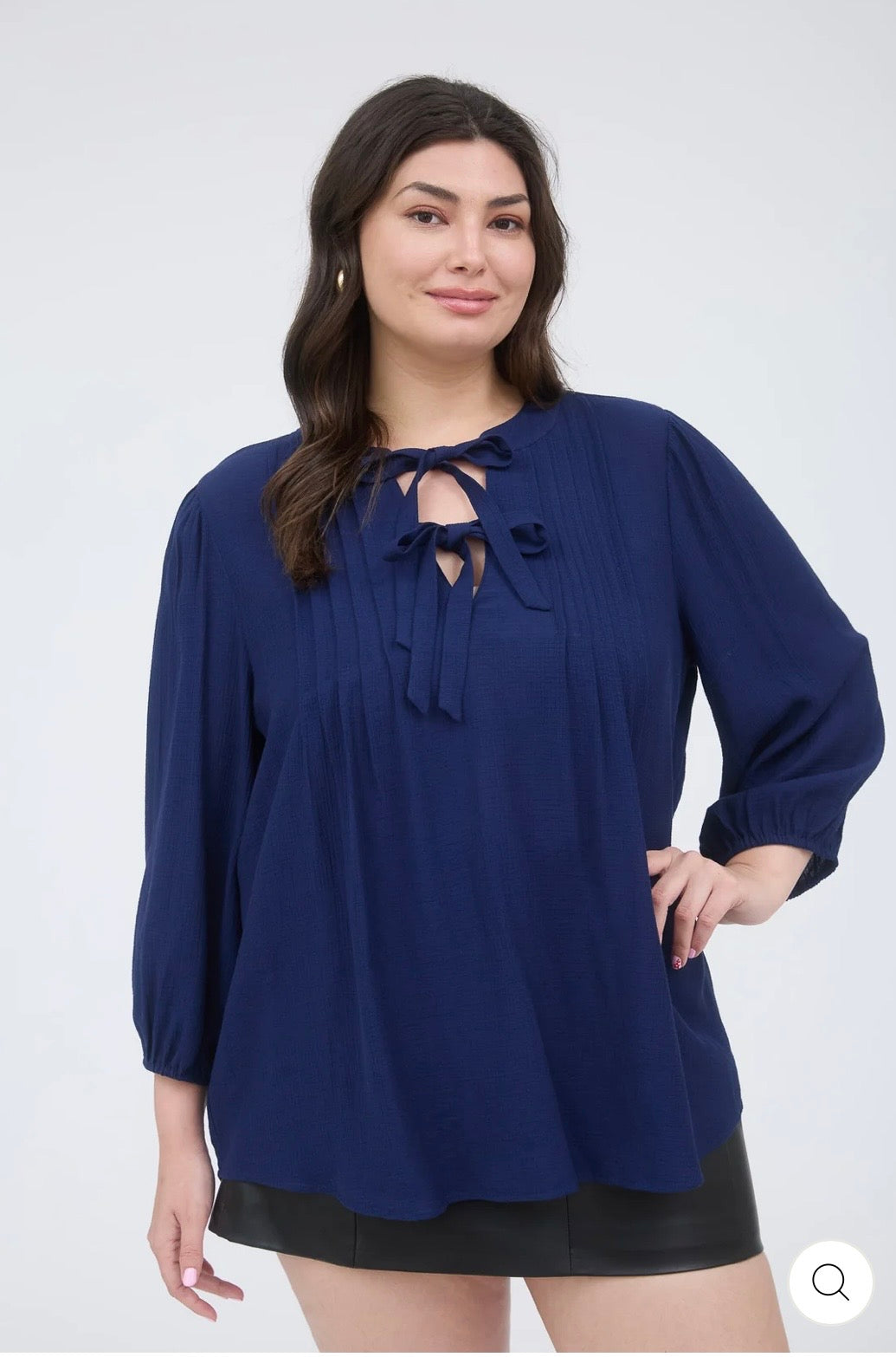 PTB8961 PLUS FRONT TIE PLEATED FRONT 3/4 SLEEVE TOP