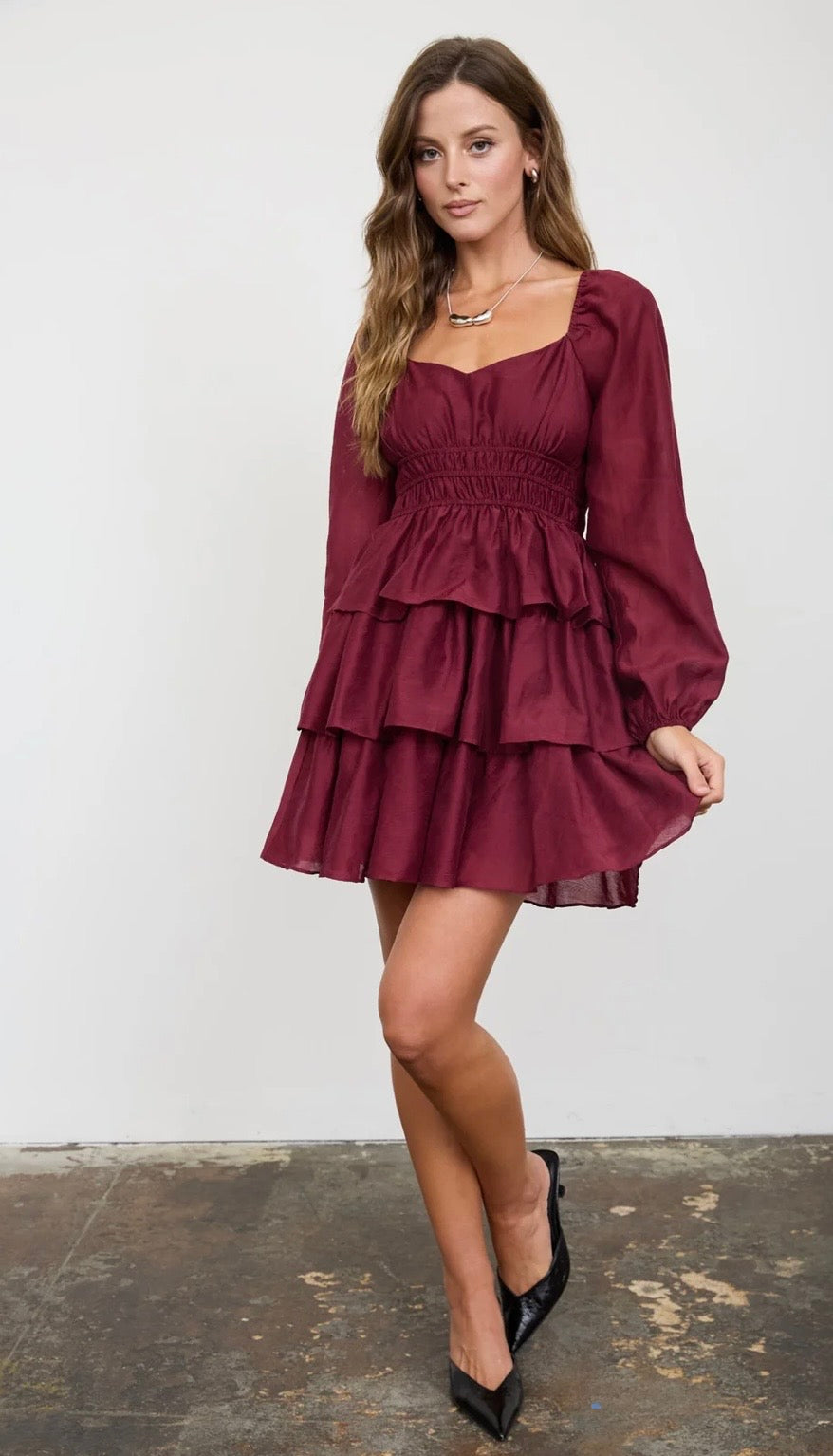 CR3116 SMOCKED BISHOP SLEEVE TIERED MINI DRESS
