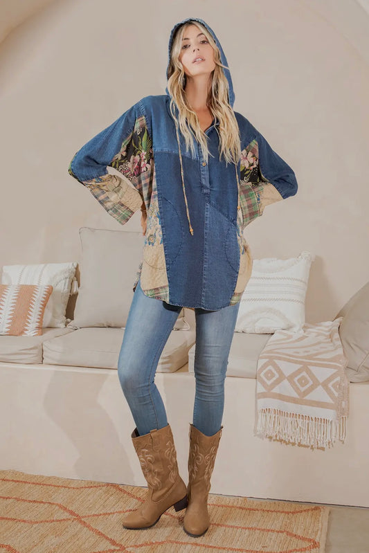 Western Boho Chic: Hooded High Low Patchwork Top