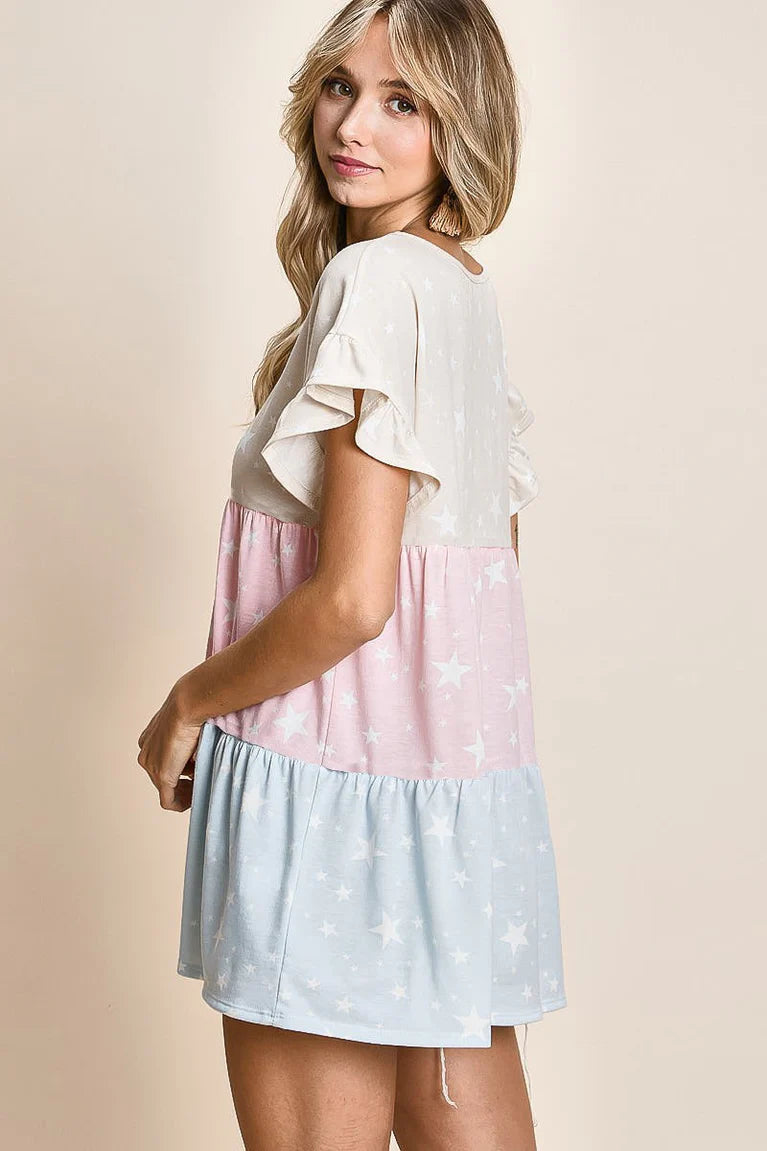 BT2373 Star Printed French Terry Color Block Tiered Top