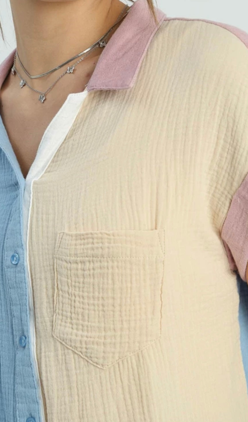 A0190 Color Block Gauze Button Up Short Folded Sleeve Top with Chest Pocket and Frayed Hemline