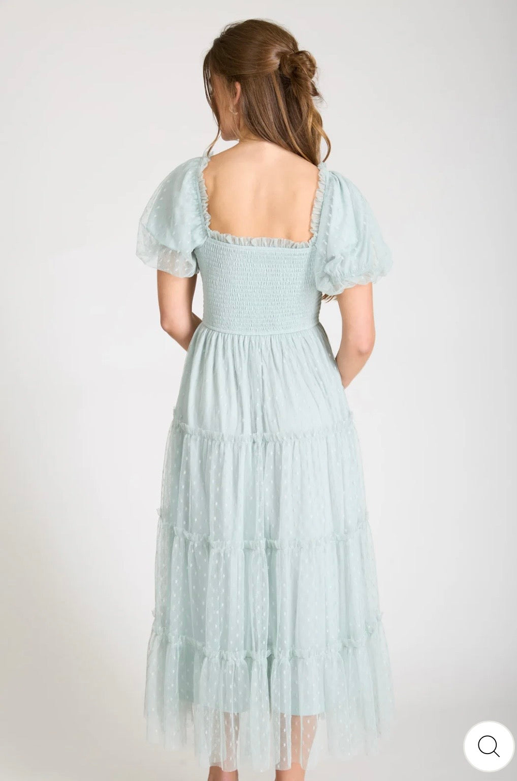 CR2739 POLKA DOT TULLE PUFF SLEEVE SMOCKED TIERED MIDI DRESS