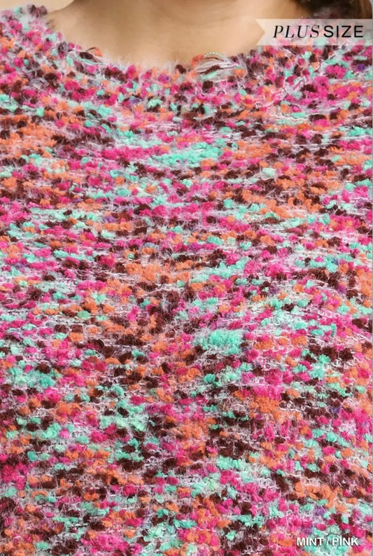 WA6067 Multicolored Round Neck Knit Tunic Dress with Distressed Hem