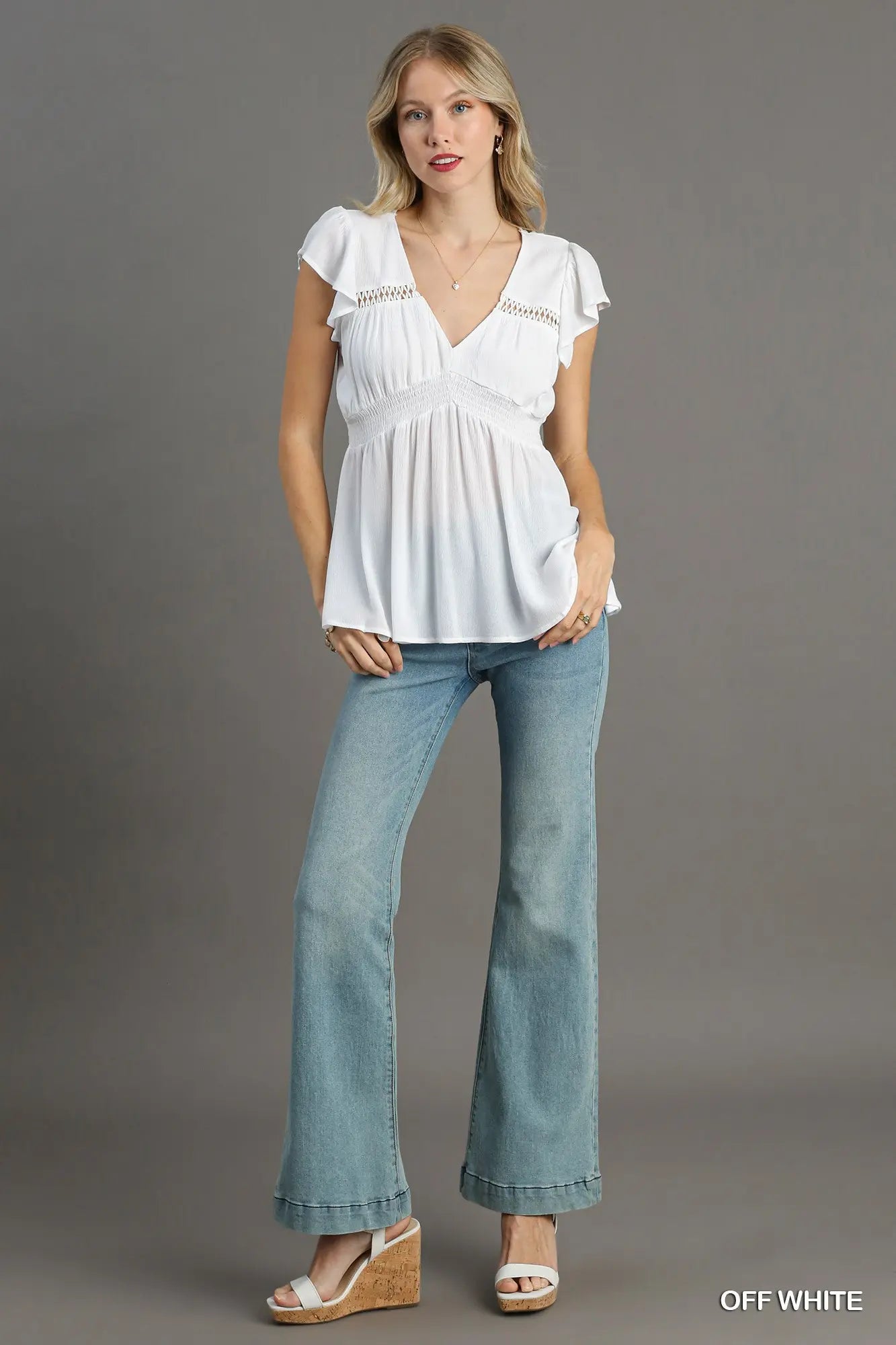 K6151 Trimmed Detail V-Neck Ruffle Sleeve Babydoll Top