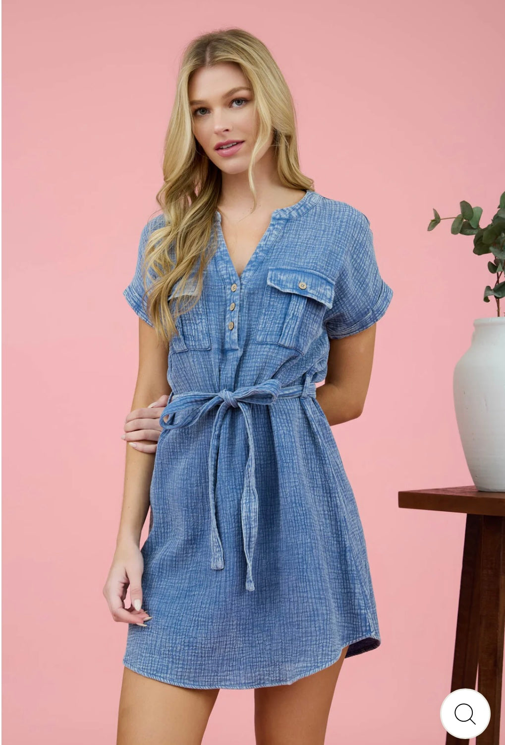 CR2400 WASHED HALF BUTTON WAIST TIE MINI DRESS