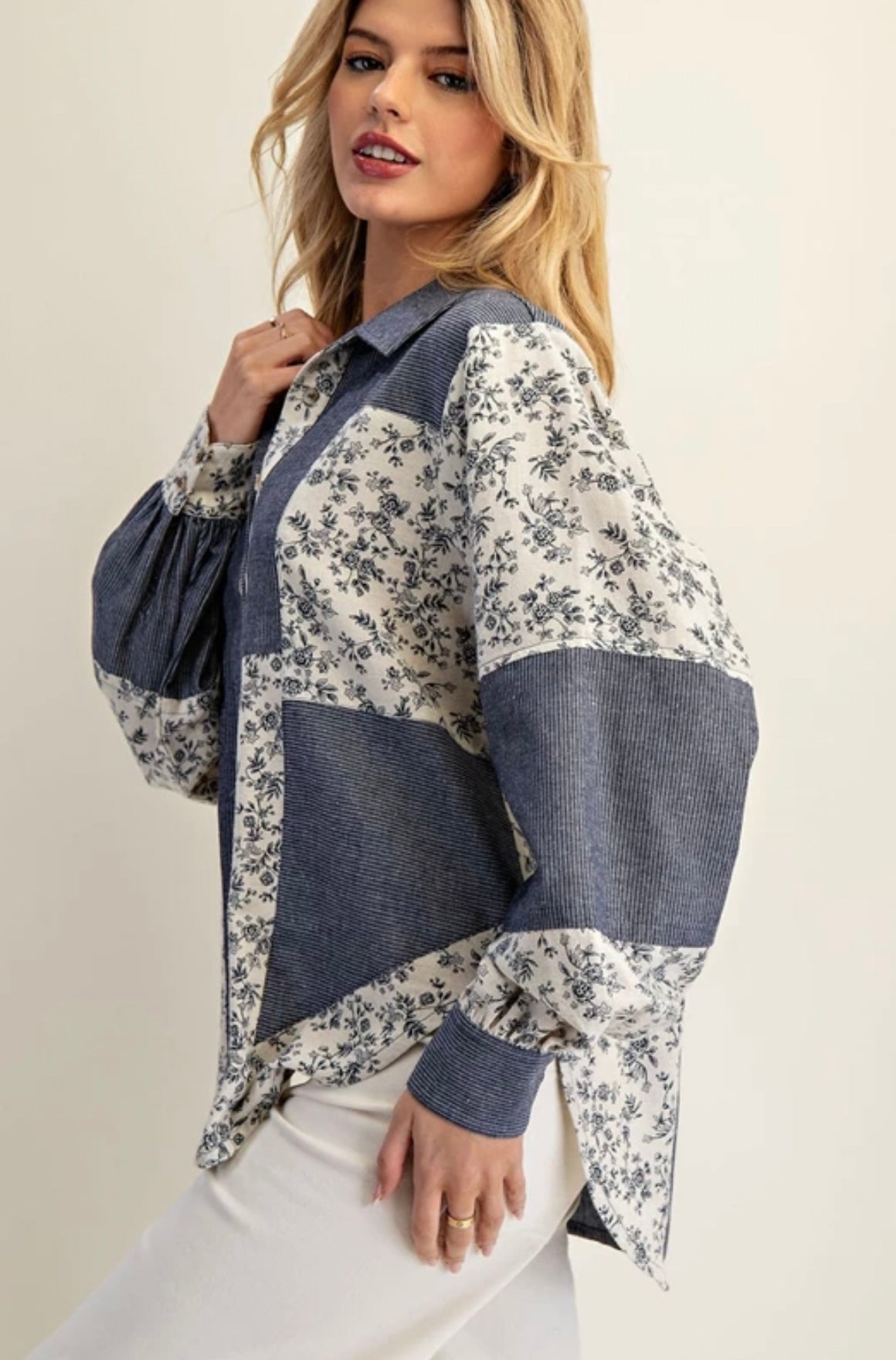 TY13137 Color Block Button Down Denim Shirt