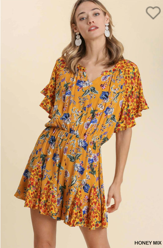 M6011 Floral Mixed Print Split Neck Ruffle Sleeve Romper-Honey Mix