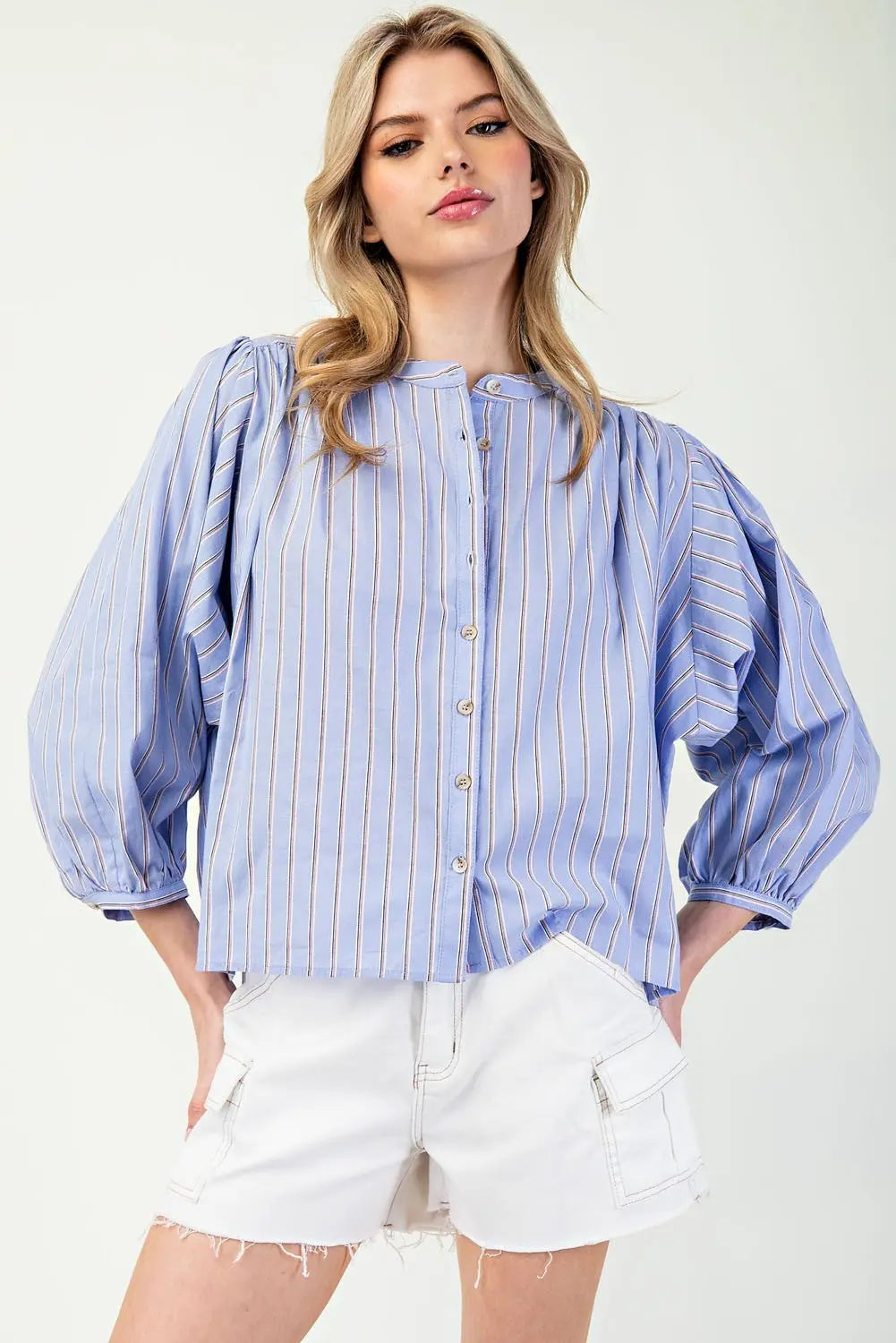 K11562 Striped 3/4 Sleeve Button Down Shirt