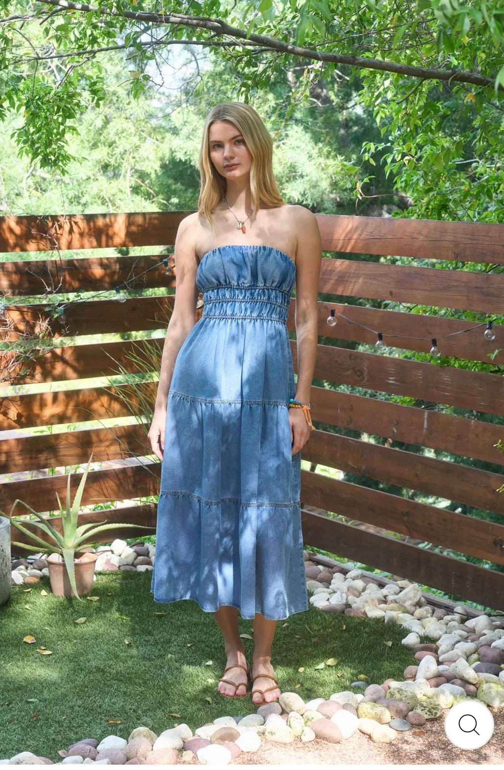 B6SX1051 Strapless Shirred Tiered Denim Midi Sundress
