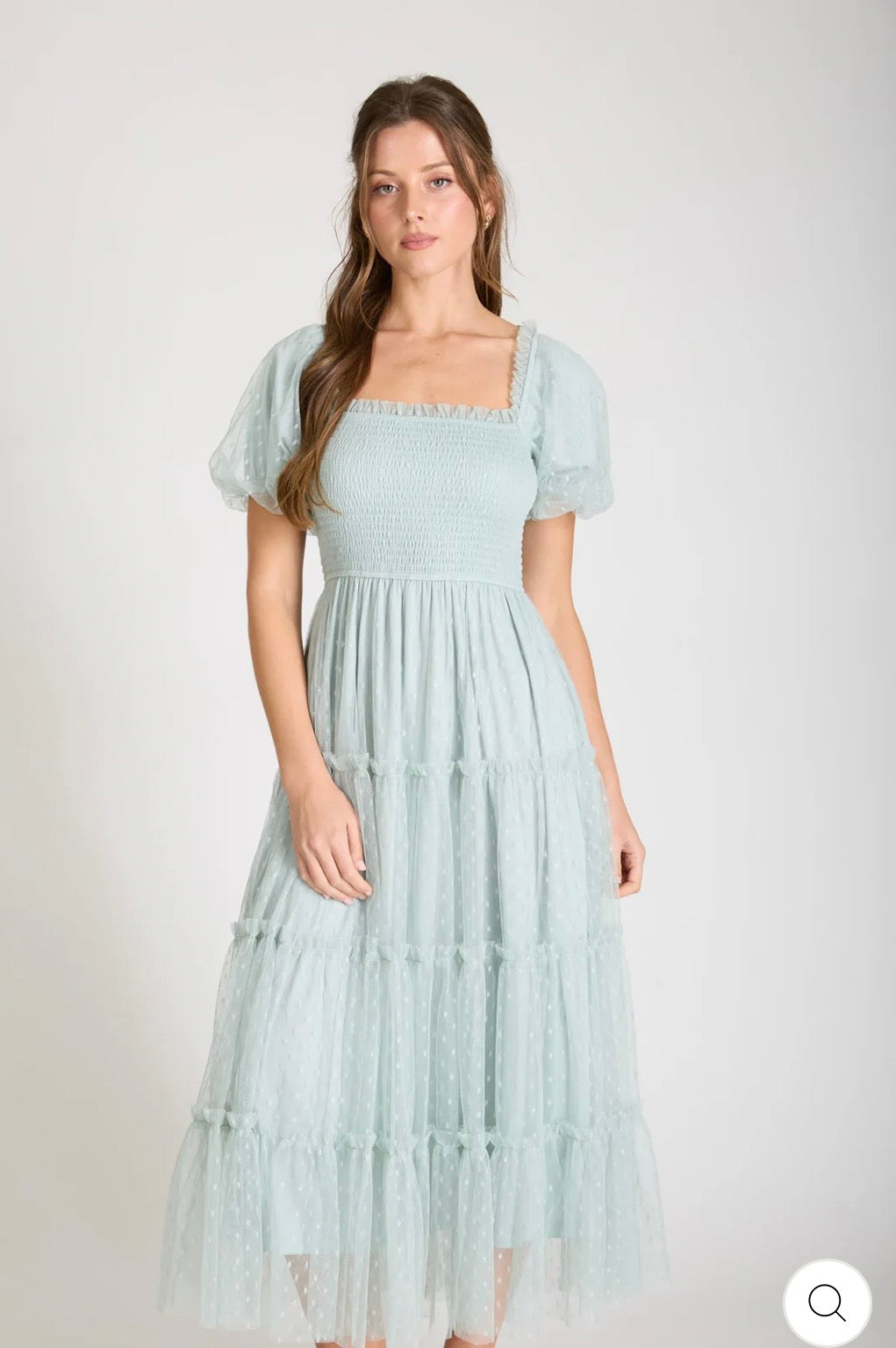 CR2739 POLKA DOT TULLE PUFF SLEEVE SMOCKED TIERED MIDI DRESS