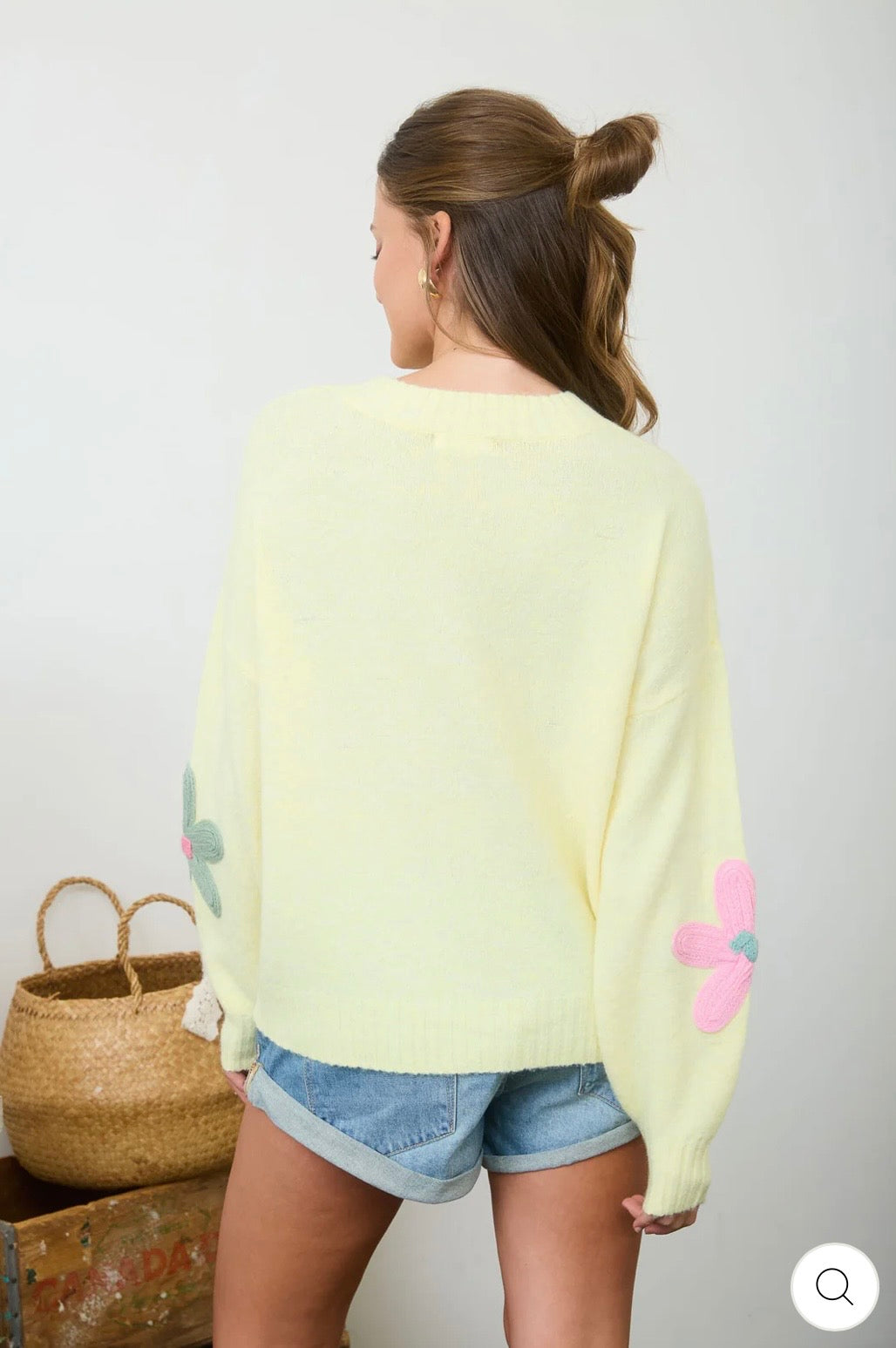 CR2751 MULTI-COLOR CROCHET FLORAL DETAIL KNIT PULLOVER SWEATER -Butter Yellow