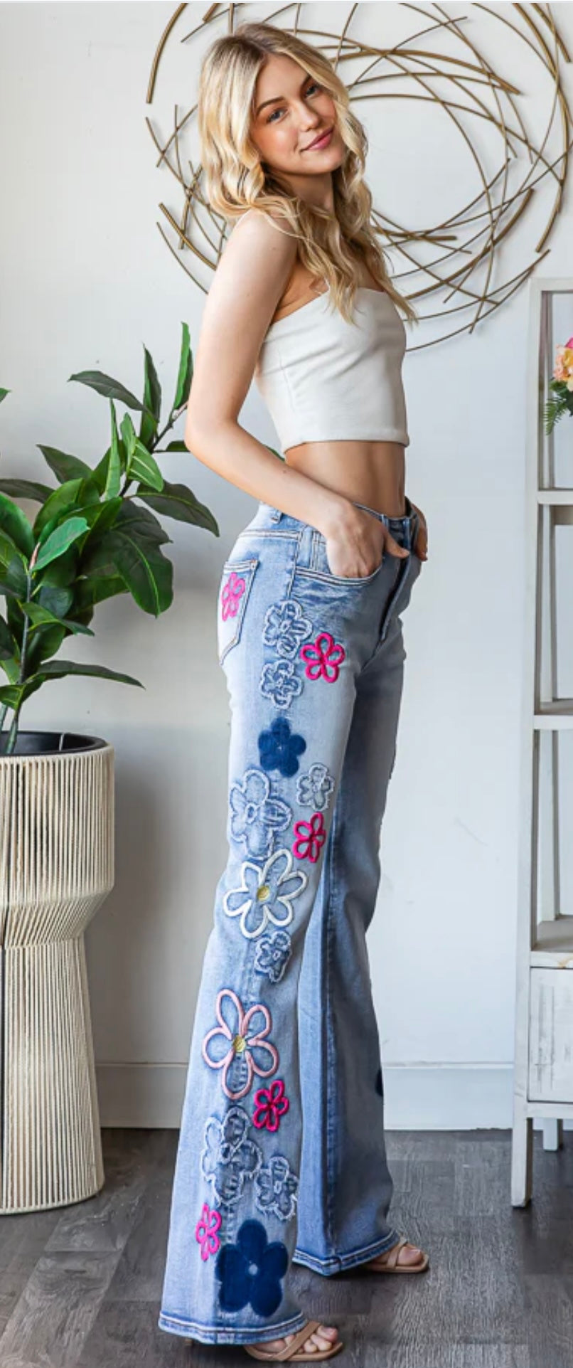 Pre-Order- JP0810 Washed Flowered Embroidery Flare Jeans