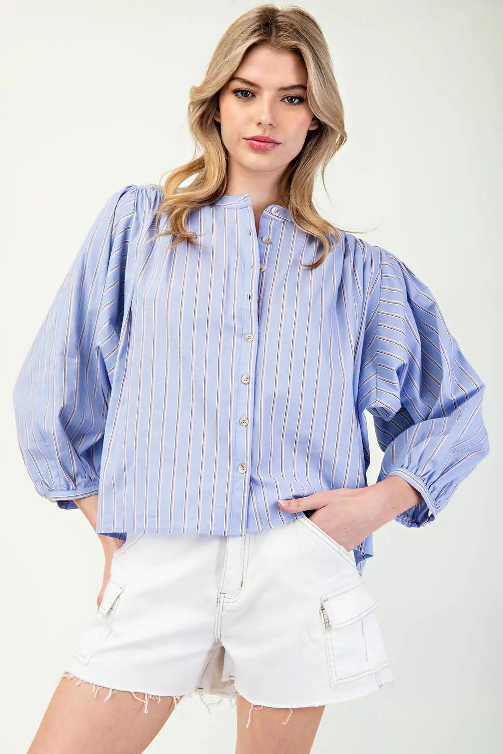 K11562 Striped 3/4 Sleeve Button Down Shirt