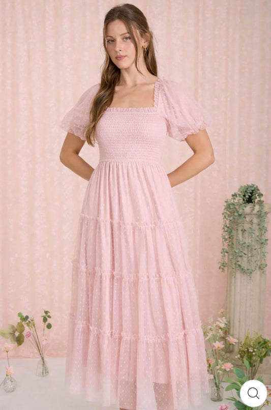 CR2739 POLKA DOT TULLE PUFF SLEEVE SMOCKED TIERED MIDI DRESS