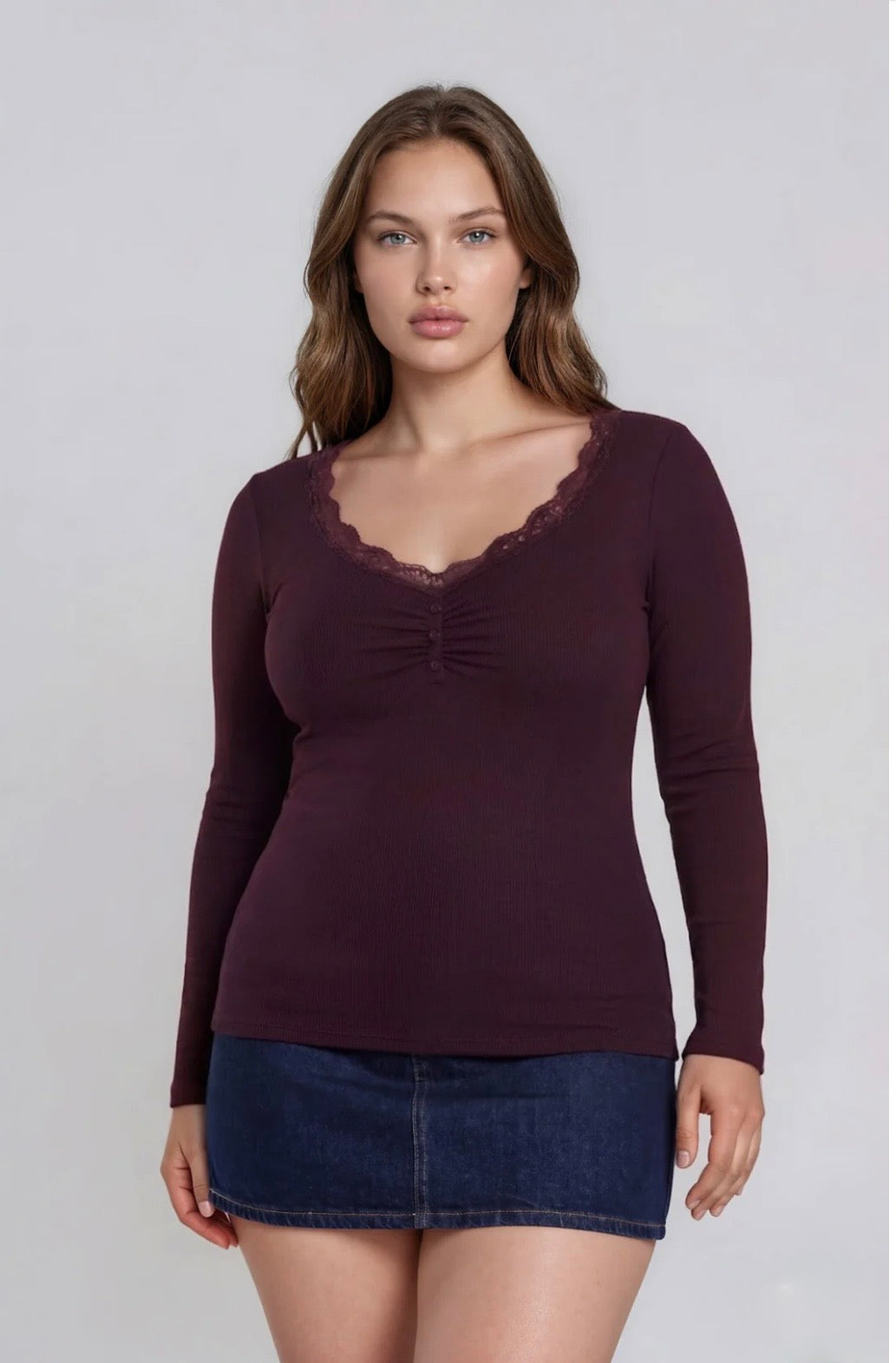 PTWS1129 PLUS LACE TRIM BUTTON DETAIL LONG SLEEVE KNIT TOP
