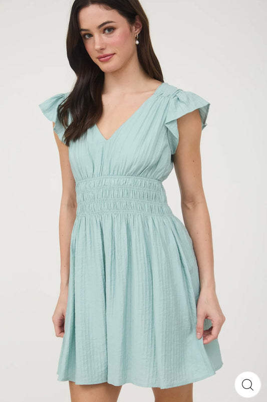 CR2526 V NECK SHIRRED WAIST RUFFLE SLEEVE MINI DRESS